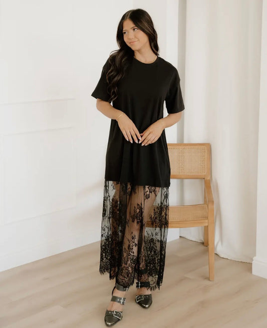 Black Floral Lace T-shirt Maxi Dress