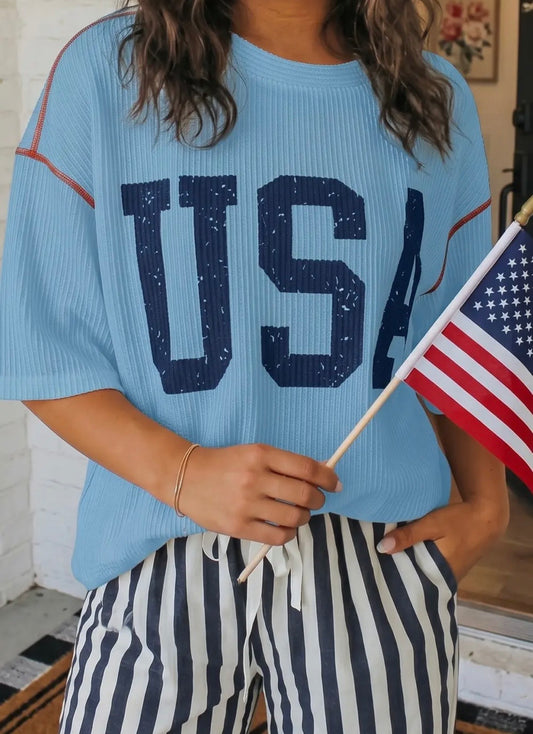 USA Half-sleeve Ribbed Top